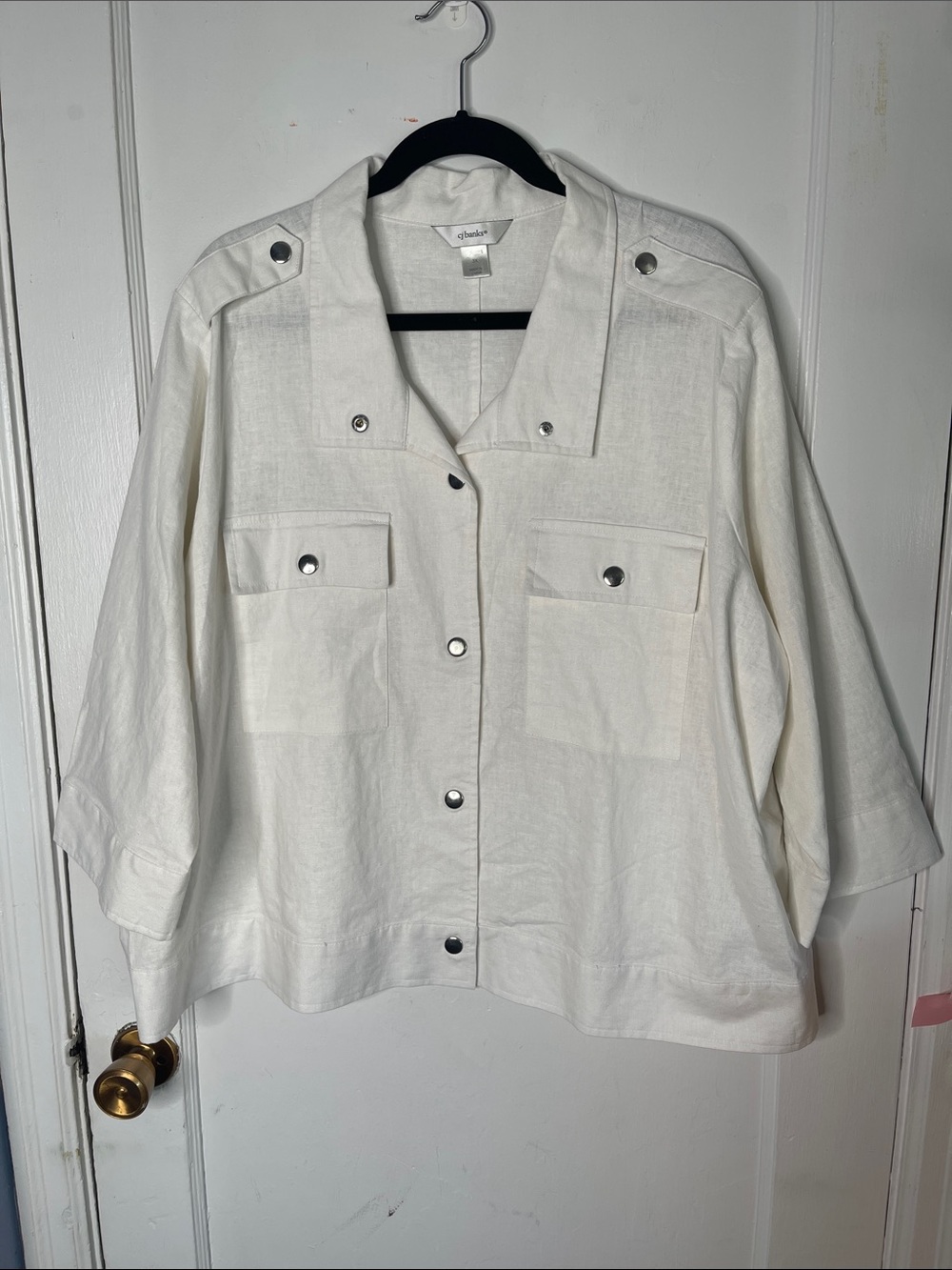 CJ Banks 3X Jacket Top Blazer White Linen Blend Snap Front 3/4 Sleeves Women’s